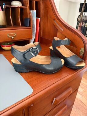 Dansko Black Leather Peep-Toe Wedge Sandals with Ankle Strap